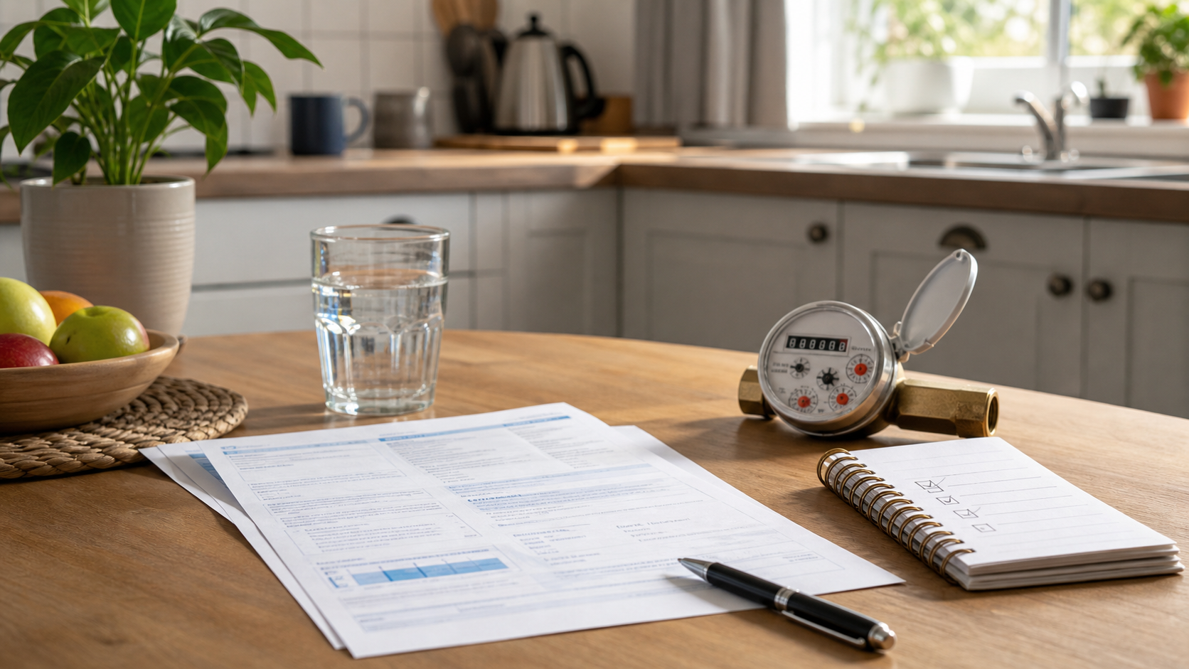 Water bill, meter reading, pen, notebook, and glass of tap water on a table